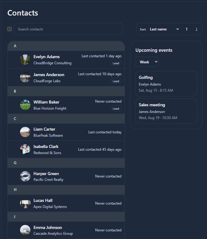 Afi contacts dashboard preview